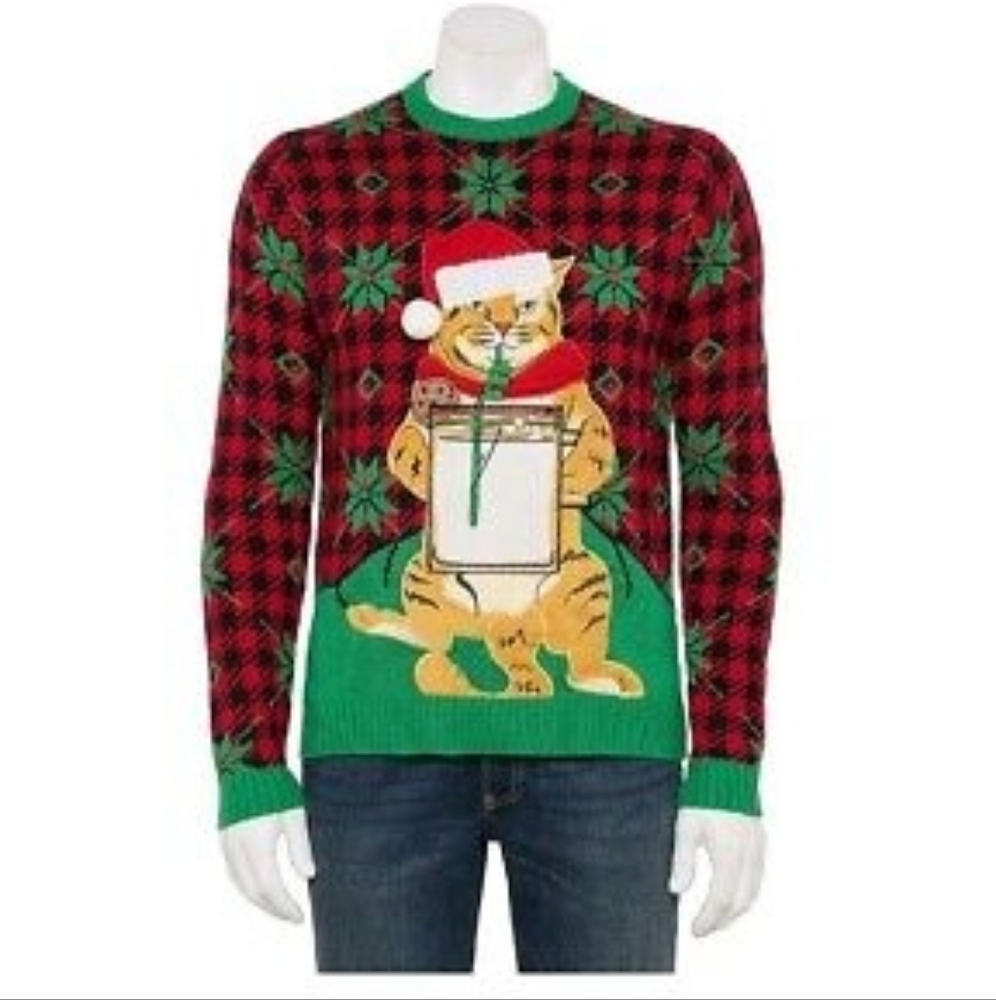 Celebrate Together Ugly Christmas Sweater Cat Knit Men's Small Drink Pouch Funny